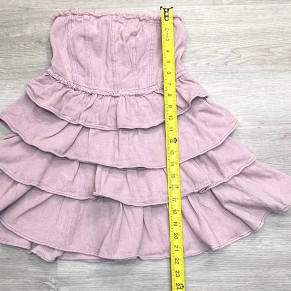 So Me Denim Strapless Tiered Ruffle Mini Dress Sz Small Smocked Mauve Pink - Picture 7 of 10